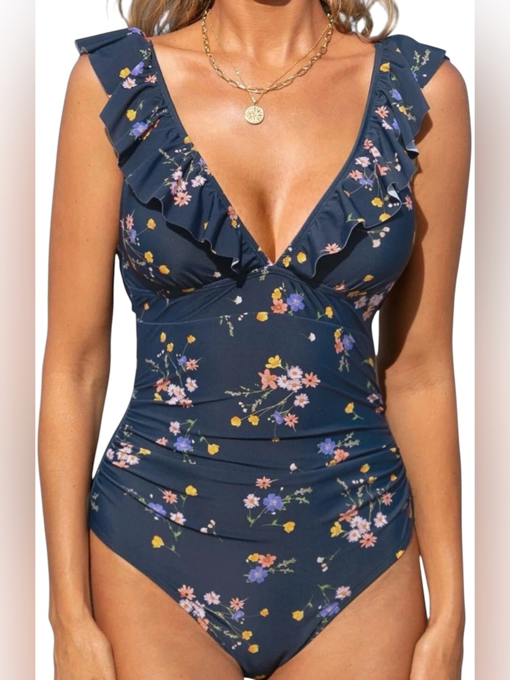 Cupshe Navy Floral Ruffle One-Piece Swimsuit
